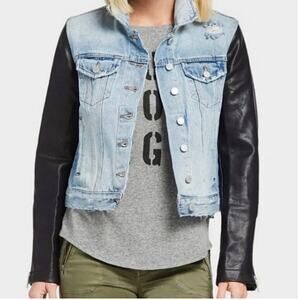 Blank NYC Denim Jean Jacket Faux Leather Black Sleeves Zipper Cuffs Sz XS Blue